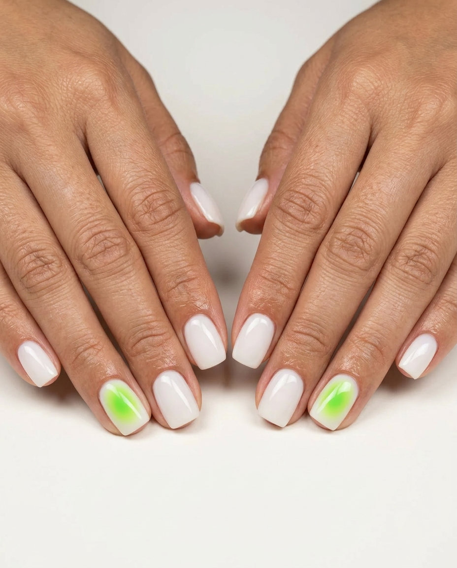 Edgy vibrant lime green aura accent nail for daily wear and casual outings, with milky white base.