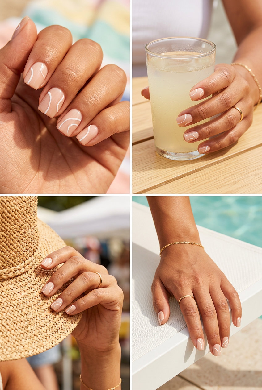 Chic modern art lines manicure for daily wear and minimalist style, with nude and white abstract designs.