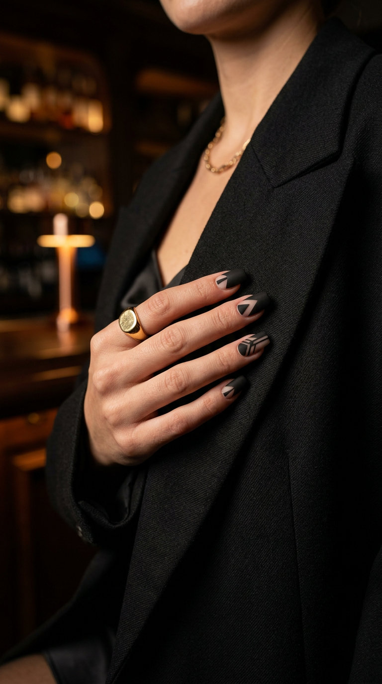 Edgy graphic monochrome negative space manicure for evening events and date nights, with matte black.