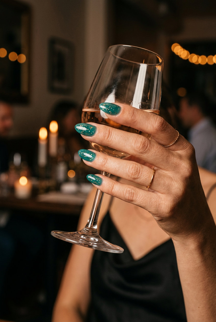 Ocean Jewel Jelly with Gold Flecks: Sultry summer nail manicure ideas 2026 for vacation and date nights.