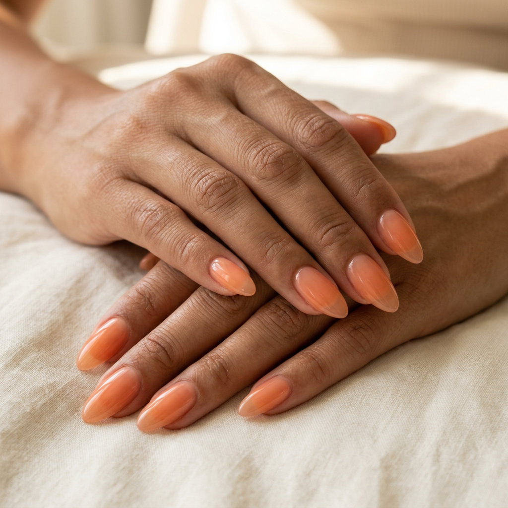 Sheer peach jelly almond glaze nails for vacation or casual daily wear. Romantic & fresh summer nail manicure ideas 2026.
