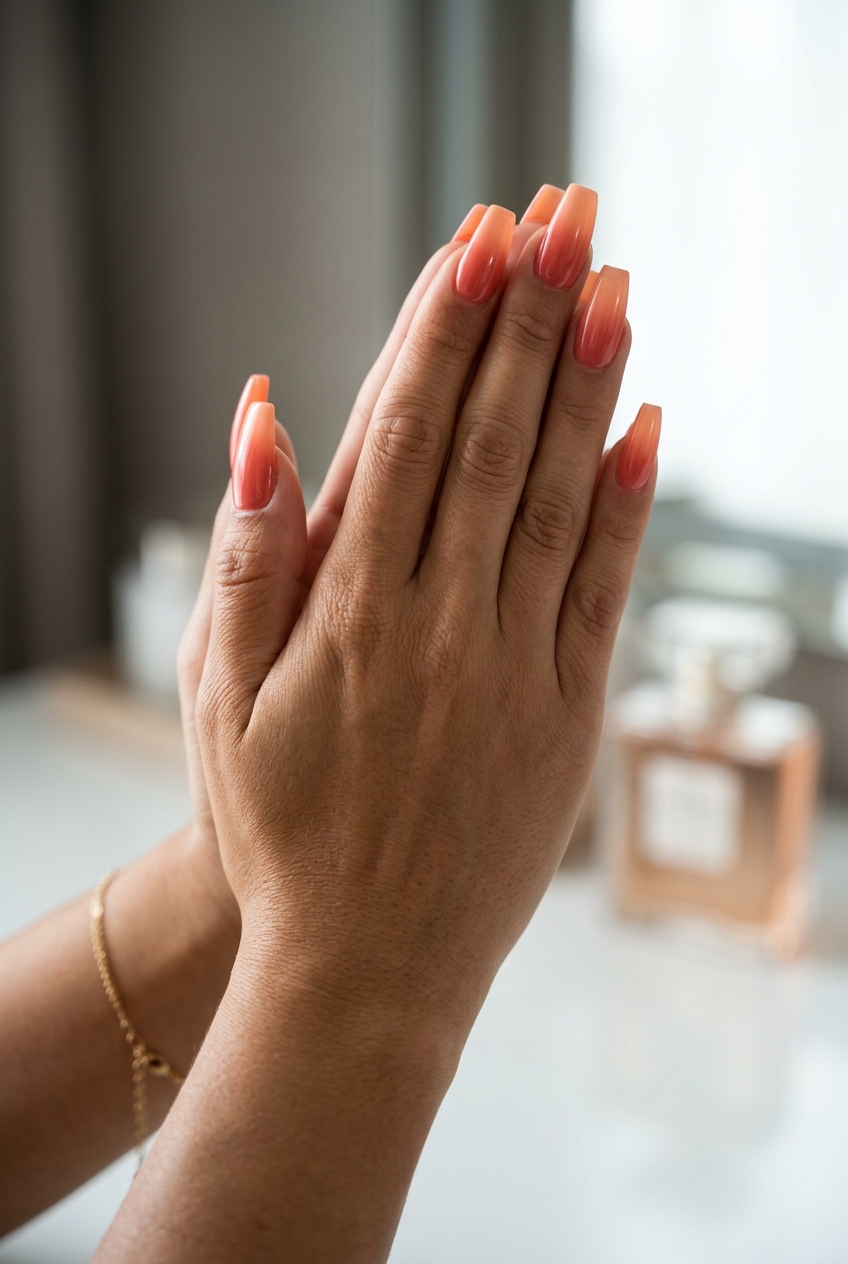 Glamorous vibrant coral ombre gradient nails for parties or festivals. Energetic summer nail manicure ideas 2026.