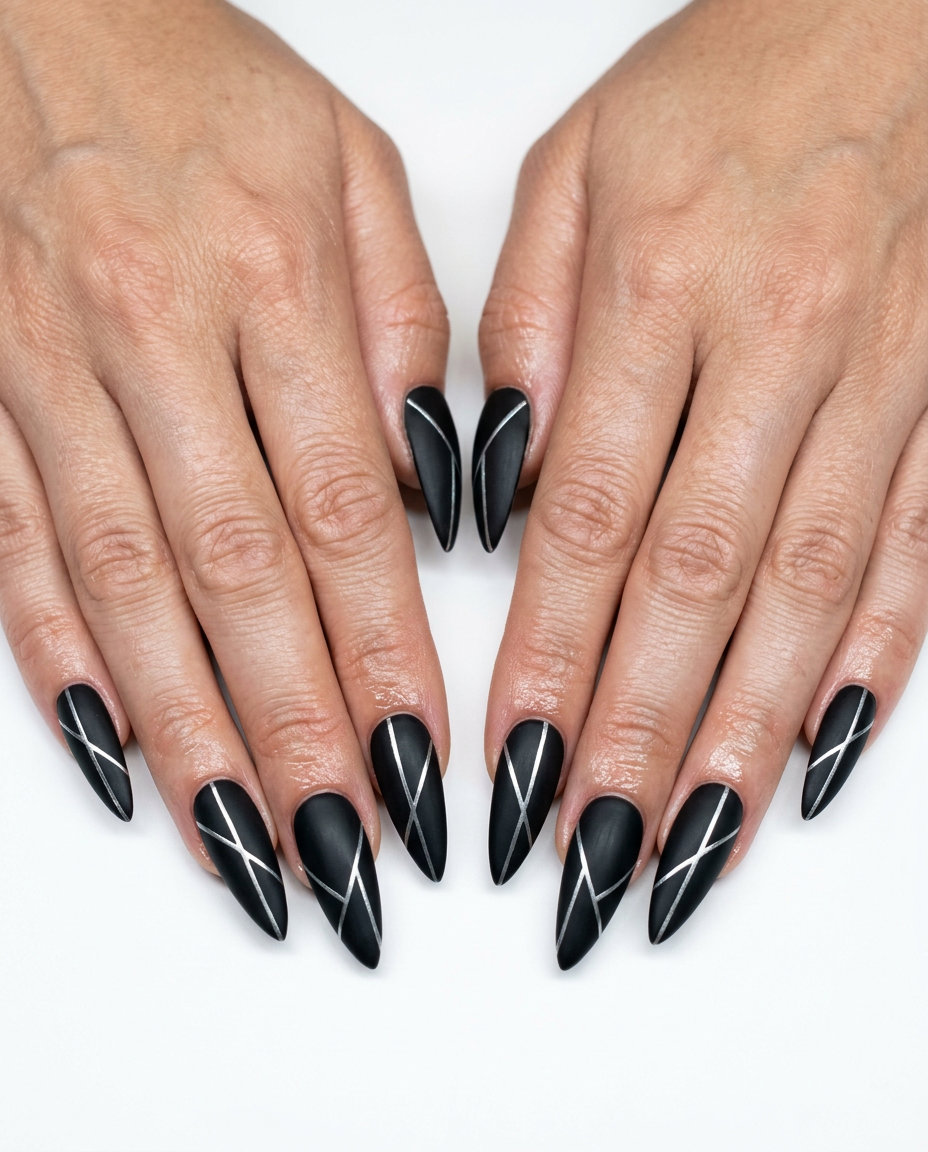 Black matte silver line nails for summer 2026 parties & concerts. Edgy & bold.