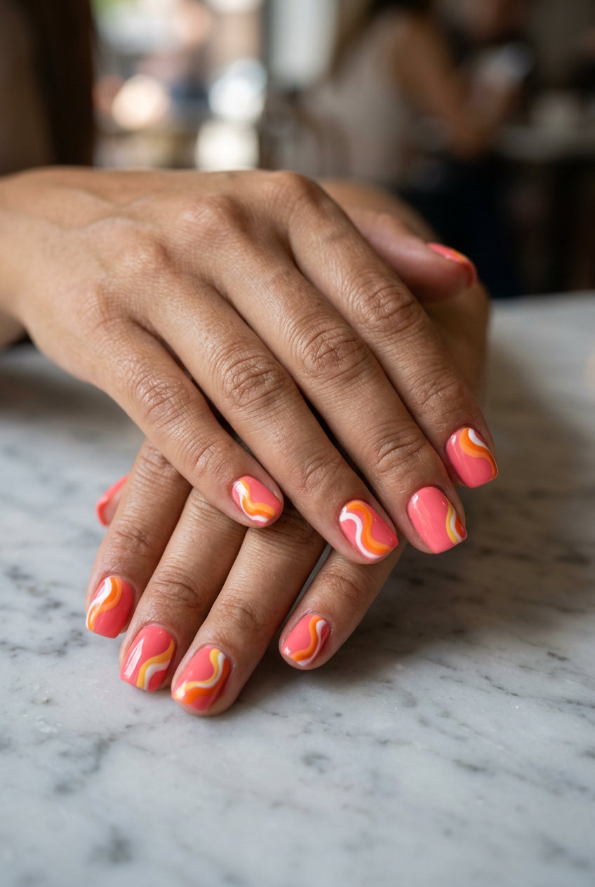 Coral Pink Juicy Swirls: Whimsical summer nails colors 2026 for festivals & parties. Coral pink with orange, yellow, white abstract swirls.