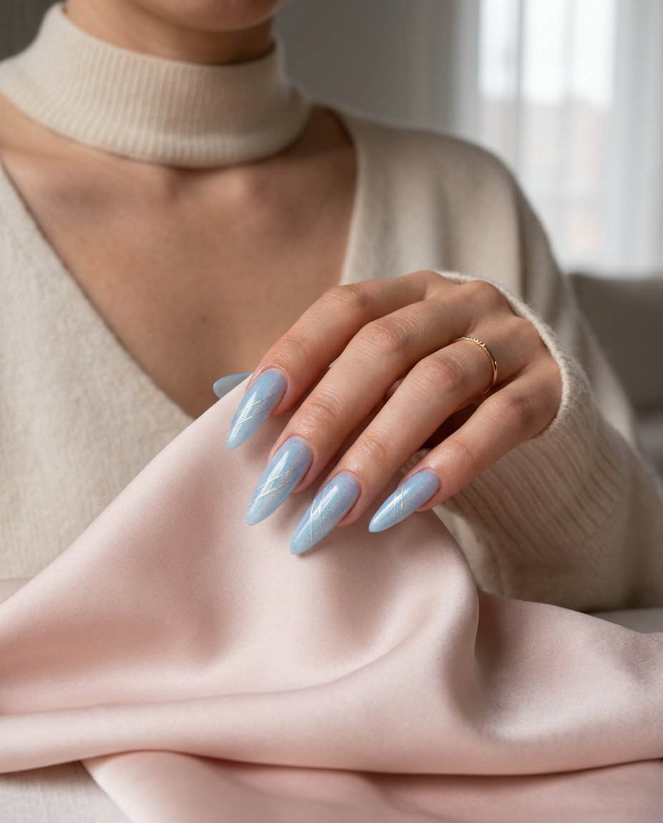 Holographic Sky Blue Lines: Celestial evening nails with sheer sky blue & holographic silver/blue lines. Summer nails colors 2026.