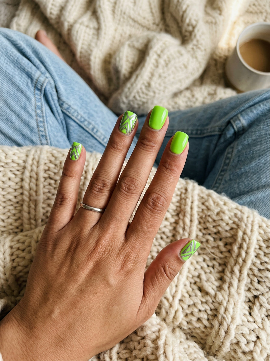 Electric lime chrome geometric nails for summer 2026 festivals & concerts. Edgy & vibrant.