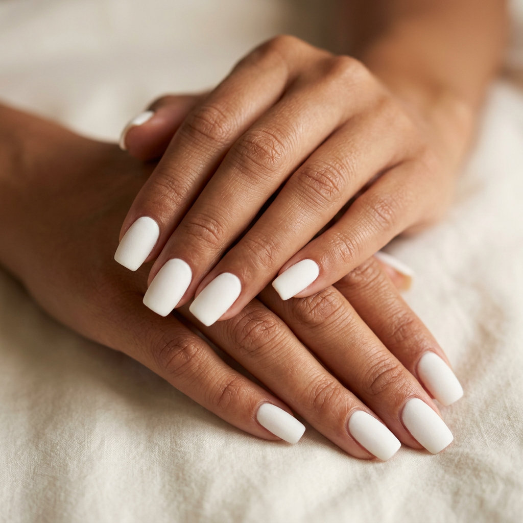 Milky White Velvet Clouds: Sophisticated minimalist nails in opaque milky white with a velvet matte finish. Summer nails colors 2026.