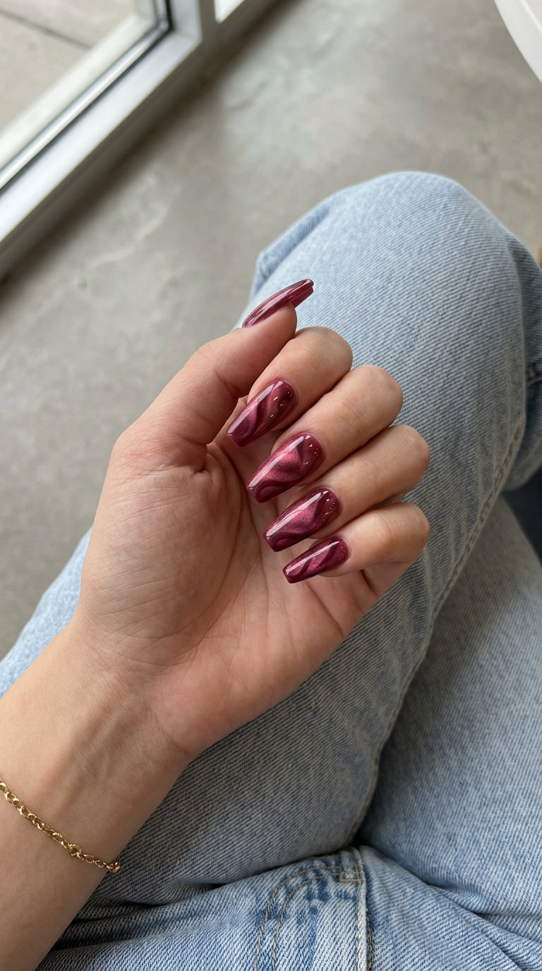 Mystic Berry Cat-Eye Swirls: Sultry date night nails with deep berry red magnetic cat-eye shift & darker swirls. Summer nails colors 2026.