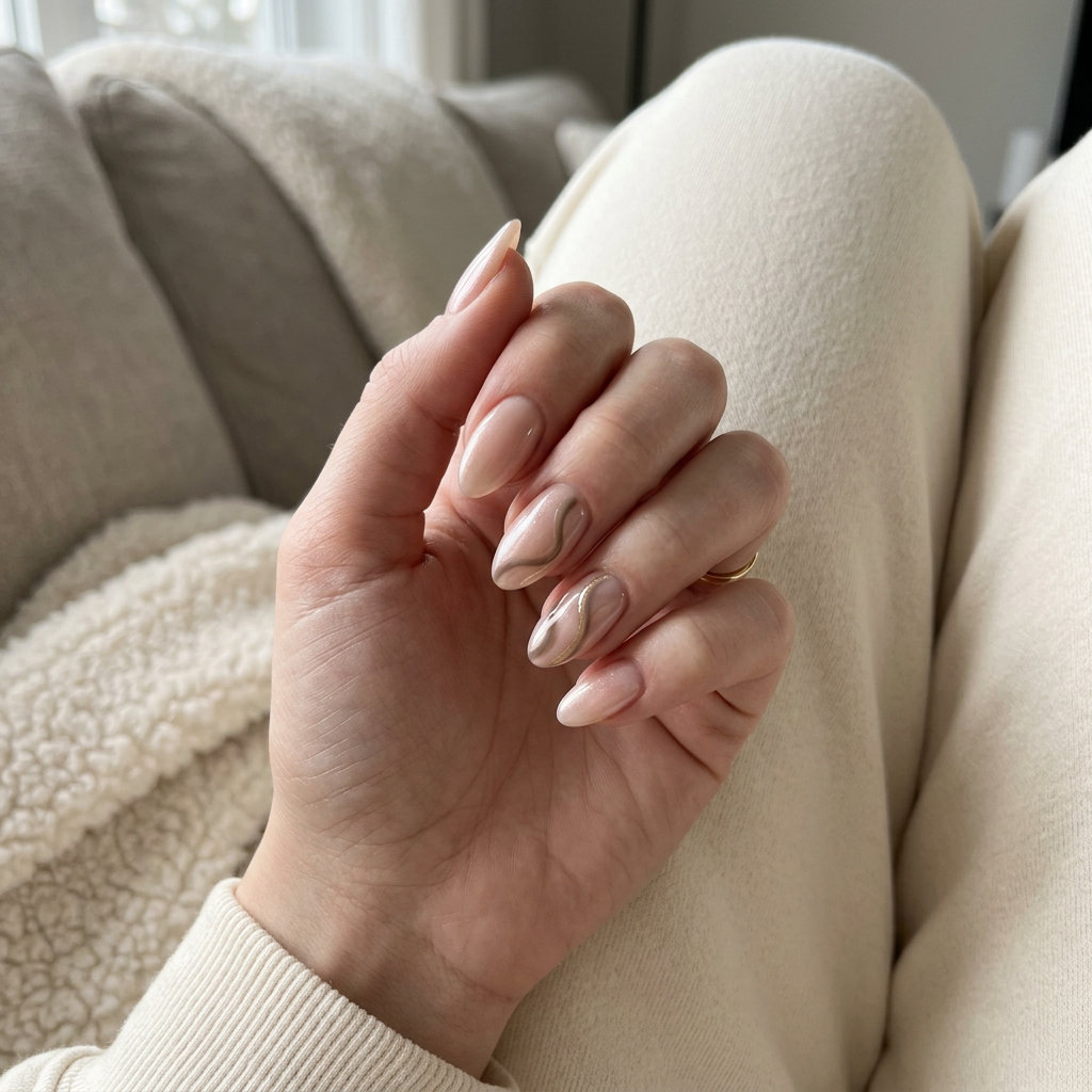 Pearlescent Nude Abstract Swirls: Elegant summer nails colors 2026 for business casual. Sheer nude with taupe and gold swirls.