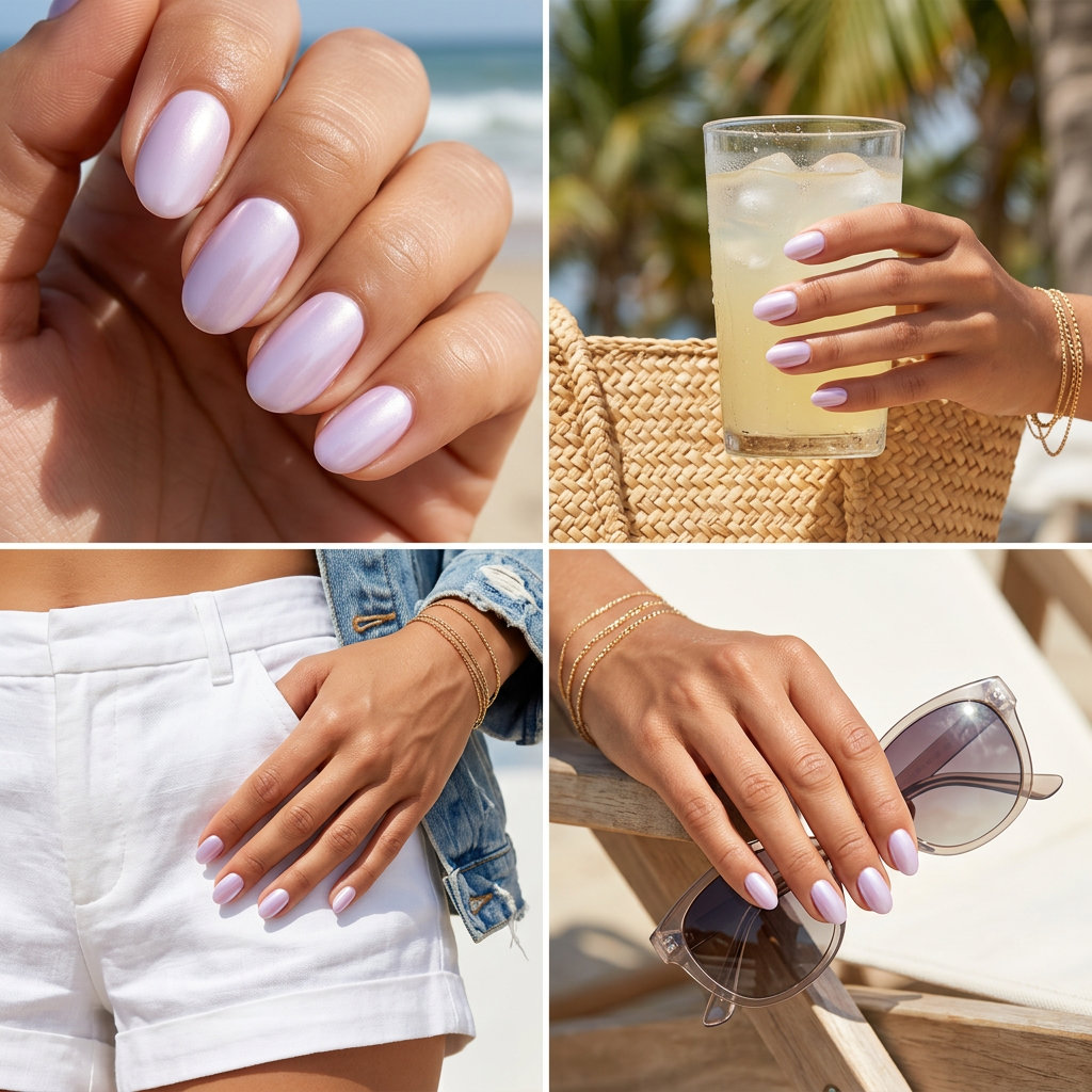 Pale Lilac Pearlescent Glow: Romantic bridal nails in pale lilac with a soft pearlescent shimmer. Summer nails colors 2026.