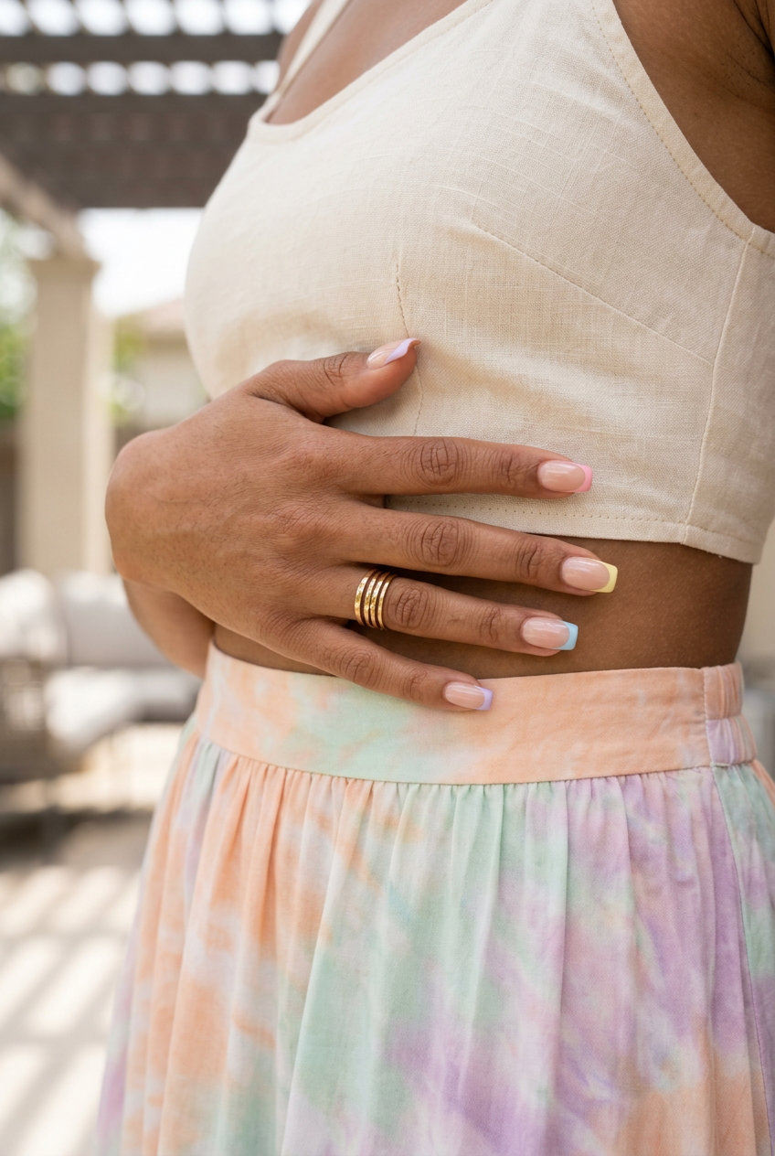 Pastel Multicolor French Tips: Playful summer nails colors 2026 for festivals & parties. Sheer nude base with pink, yellow, blue, lavender tips.