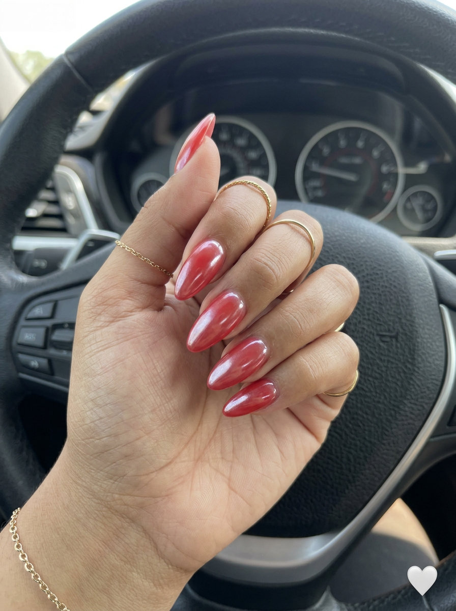 Sheer Peach Jelly Glaze: Romantic summer nails colors 2026 for vacations. Sheer peach with a pearlescent chrome finish for a glowy look.