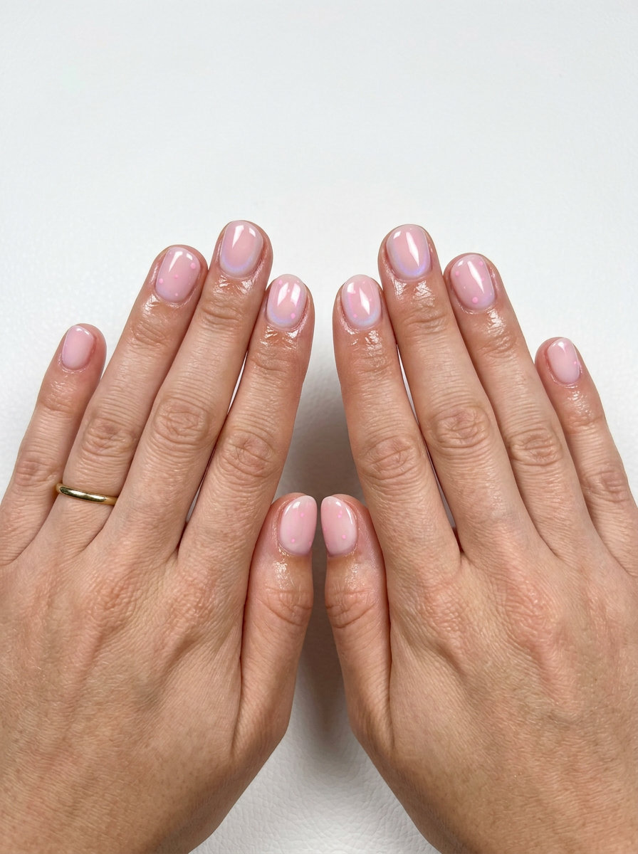 Milky Pink Aura Dots: Sweet summer nails colors 2026 for daily wear. Milky pink with lighter pink dots and an iridescent shift.