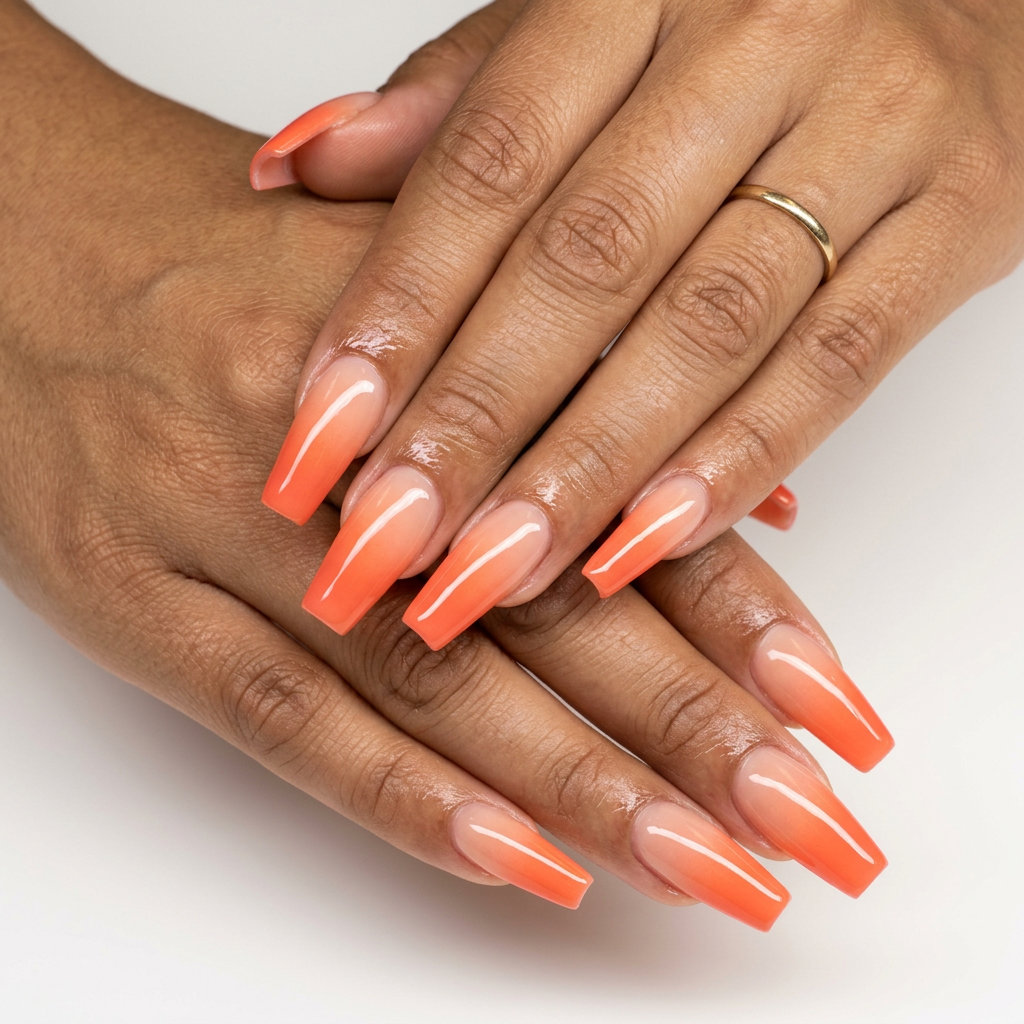 Sunset Orange Ombre Bloom: Vibrant summer nails colors 2026 for vacations. Peach to coral gradient with a glossy finish.