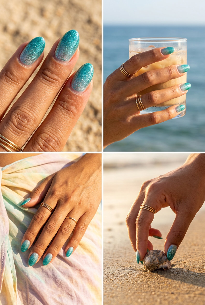 Shimmering teal glitter gradient nails for summer 2026 vacation & party looks. Glamorous coffin shape.