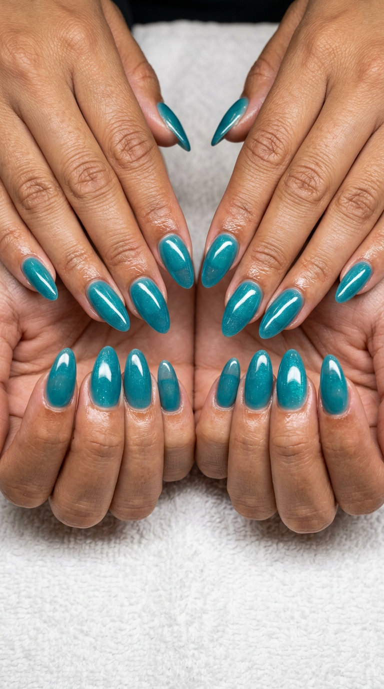 Teal jelly subtle shimmer nails for summer 2026 date nights & soirees. Sultry & jewel-toned.