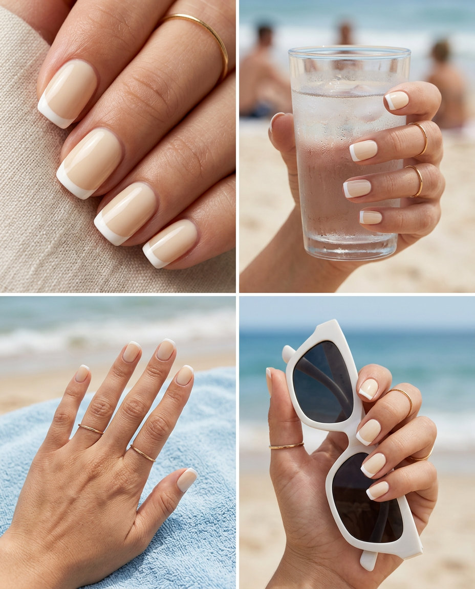 Creamy Vanilla Bean French: Chic summer nails colors 2026 for office & daily wear. Opaque beige with crisp white french tips.