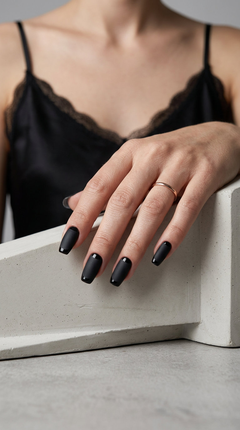 Midnight Velvet Reverse French: Edgy summer nails colors 2026 for nights out. Matte black with a glossy black reverse french tip.