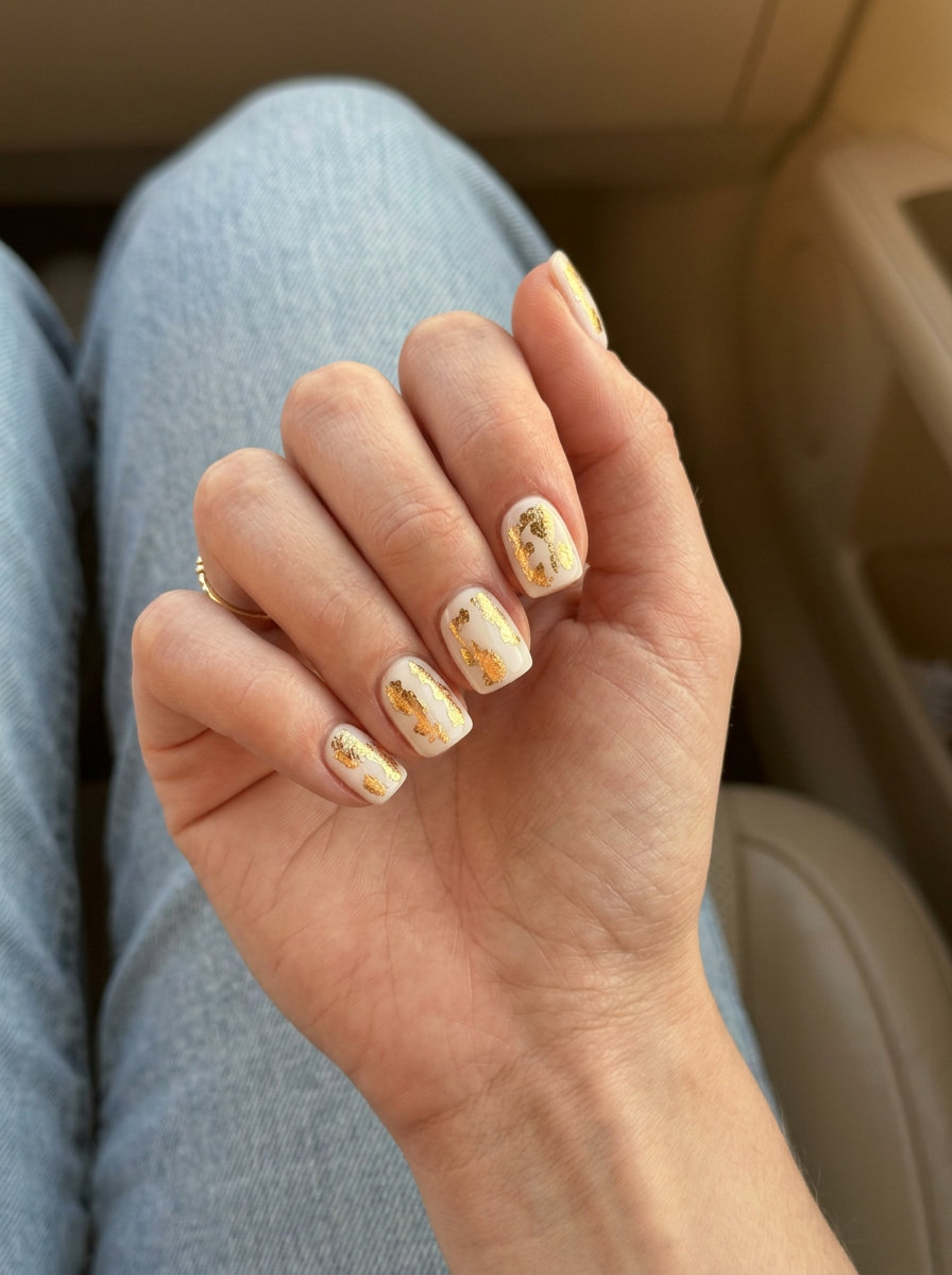 Creamy White Gold Foil Accents: Chic summer nails colors 2026 for work. Opaque white with metallic gold foil details.