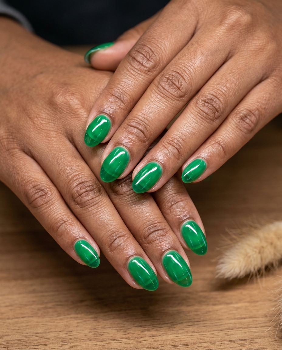 Emerald Jelly Shine Summer Nails 2026 Luminous emerald jelly shine on almond nails for summer nails for brown skin tone 2026, great for vacation.