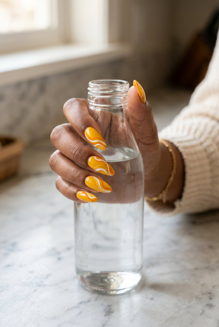 Golden Swirl Summer Abstract Nails 2026 Golden swirl summer abstract nails for 2026. Playful and artistic yellow, white, and orange design for festivals.