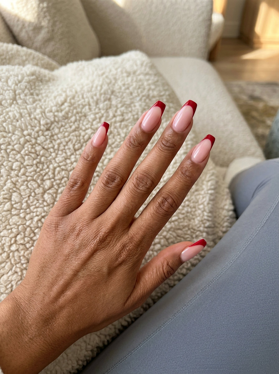 Retro Cherry Reverse French Nails 2026 Retro cherry reverse French nails for summer 2026. Playful bold red and pink for date nights or parties.