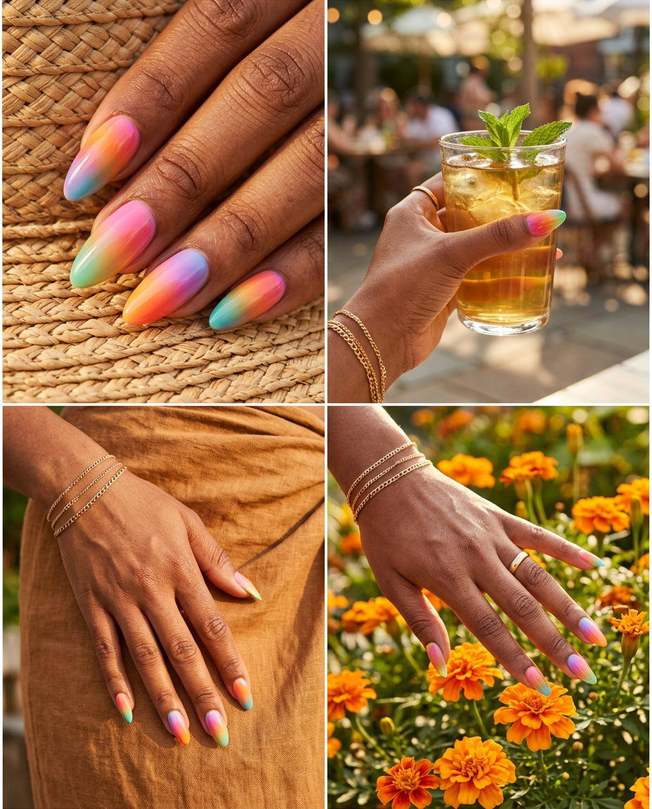 Sunset Golden Hour Ombre Nails 2026 Sunset golden hour ombre nails for summer 2026. Bohemian vibes for vacation or festivals on brown skin.