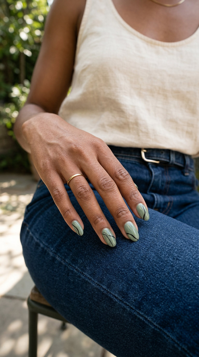 Zen Sage Abstract Lines Nails 2026 Zen sage abstract lines nails for summer 2026. Minimalist and calm green with black or white lines for work.