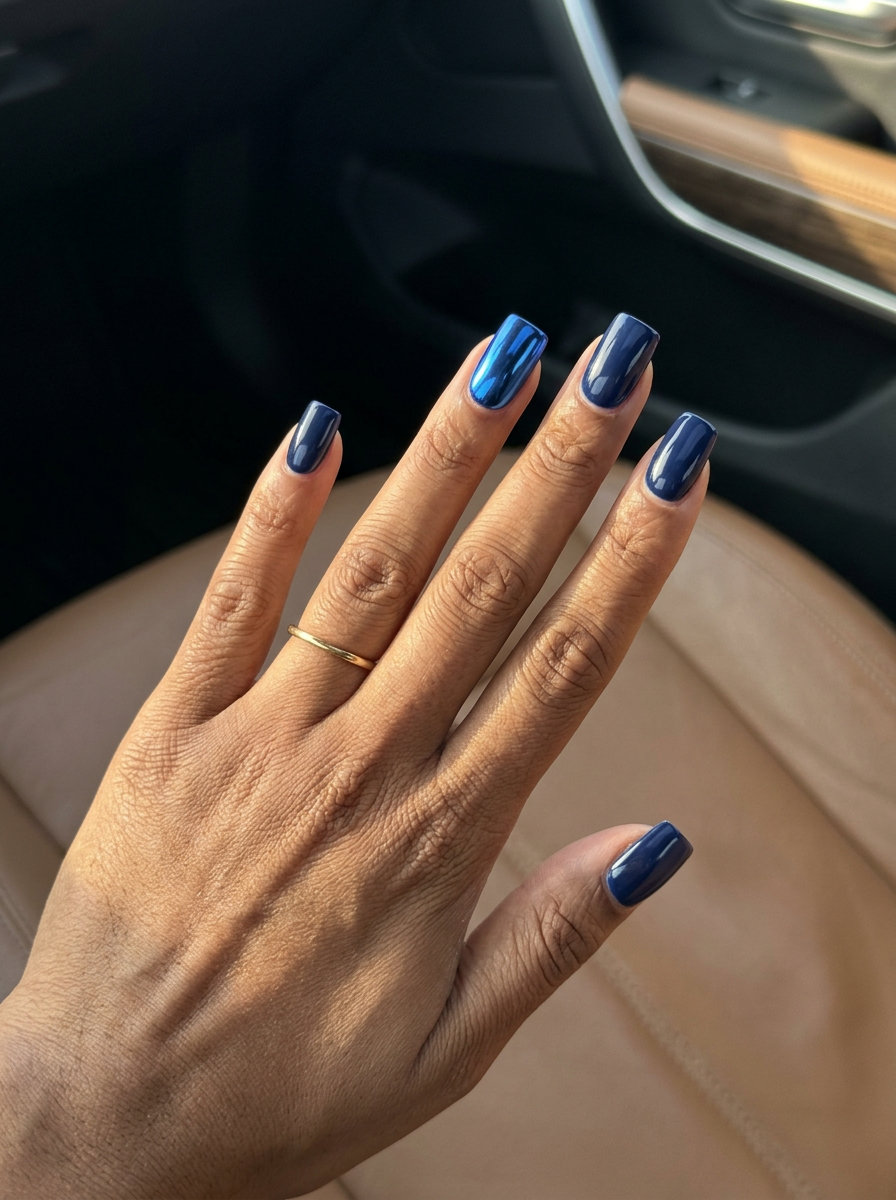 Cobalt Chrome Accent Nails 2026 Edgy cobalt chrome accent nails in navy for summer 2026 parties and festivals. Futuristic and bold.