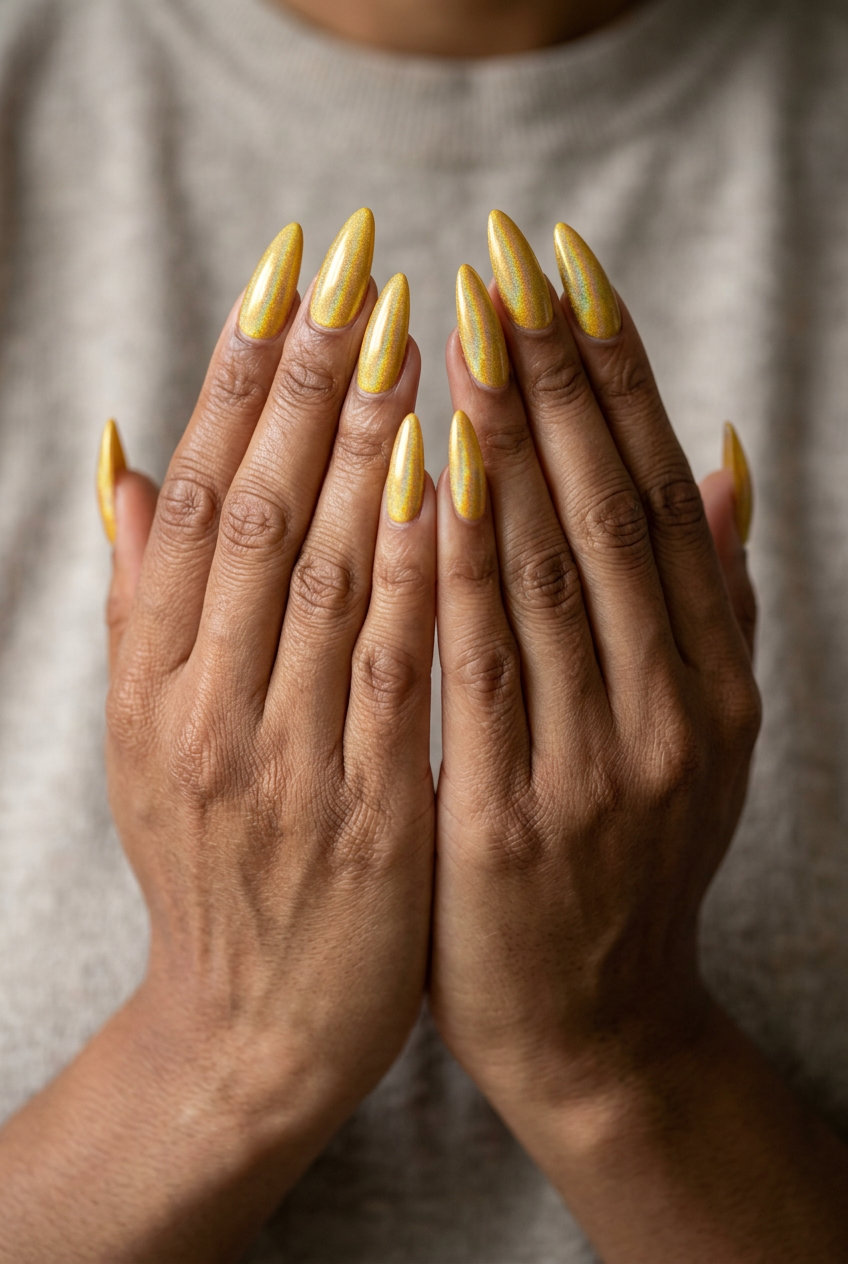 Golden Yellow Holographic Nails 2026 Radiant golden yellow holographic nails for summer 2026 festivals and casual fun. Whimsical and joyful.