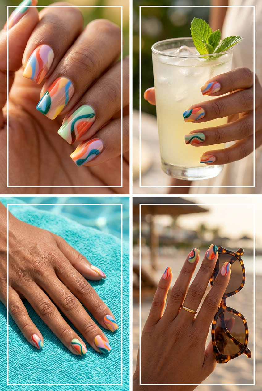Jewel Tone Abstract Nails 2026 Artistic jewel-toned abstract nails in sapphire, amethyst, emerald for summer 2026 formal events. Sophisticated.