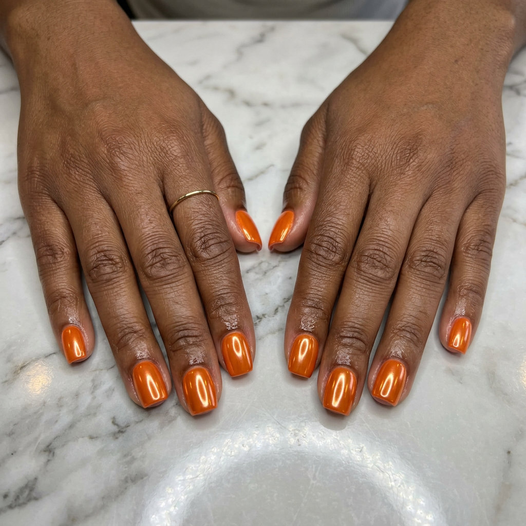 Orange Chrome Nails 2026: Festival Ready Vibrant orange chrome nails for summer 2026 festivals and parties. Bold and energetic liquid metal look.