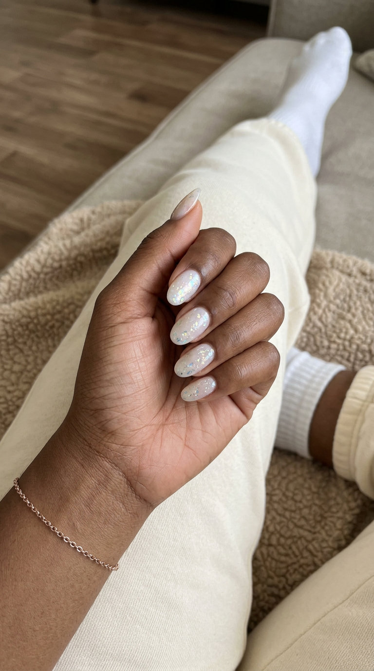 Pearl Flake Nails 2026: Ethereal Elegance Ethereal pearlescent white nails with holographic flakes for summer 2026 special occasions. Dreamy and luminous.