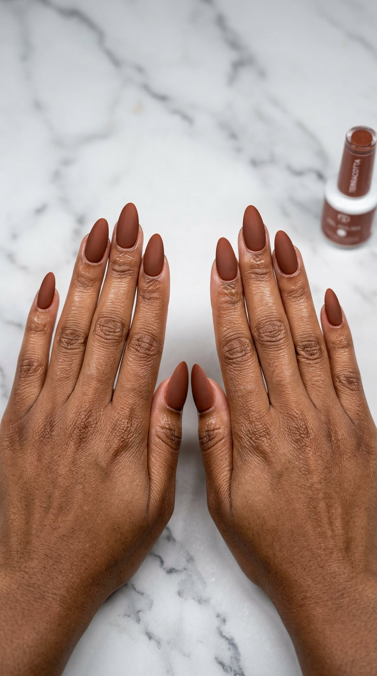Terracotta Velvet Nails 2026: Casual Chic Rich terracotta velvet matte nails for summer 2026, perfect for casual outings and travel. Sophisticated earthy tone.