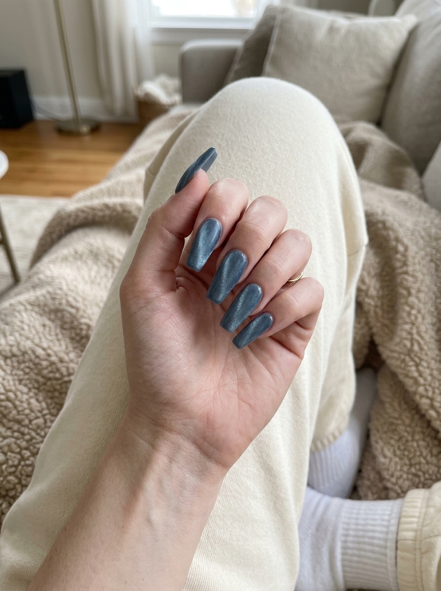 Icy Blue Velvet Nails 2026 | Luxurious Evening Style Icy blue velvet finish nails for summer 2026, perfect for formal events and date nights.