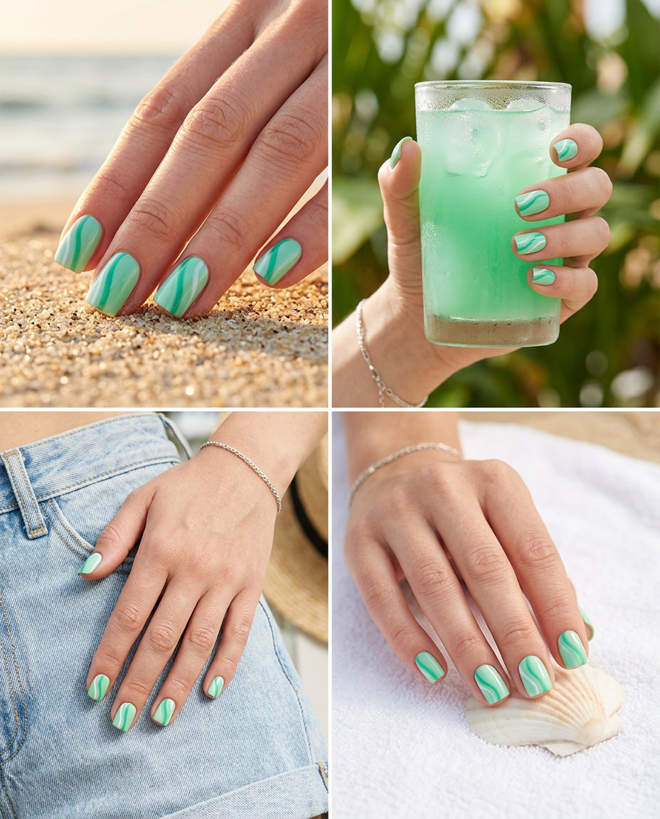 Mint Green Abstract Lines 2026 | Festival Wear Edgy mint green abstract lines nails for summer 2026, perfect for festivals and casual fun.