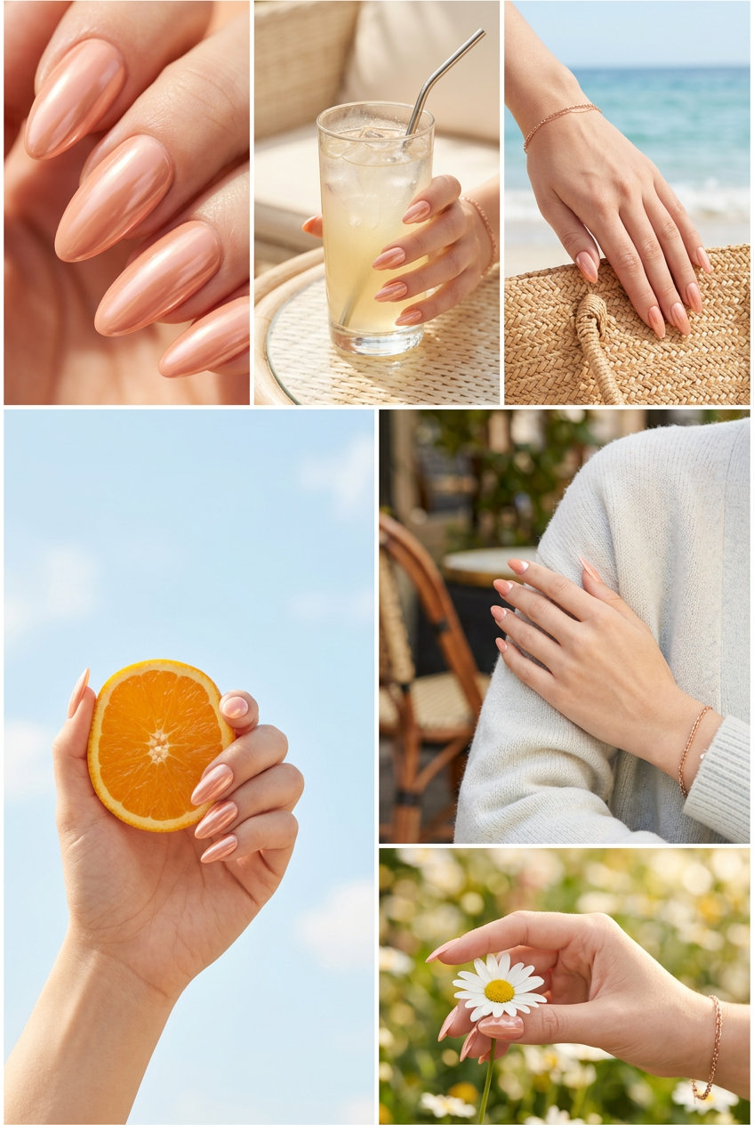 Peach Blush Chrome Nails 2026 | Glamorous Party Look Peach blush full chrome nails for summer 2026, ideal for parties and summer events.