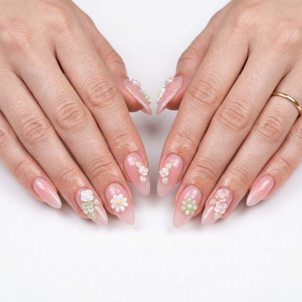 Sheer Pink 3D Floral Nails 2026 | Wedding Guest Style Sheer pink 3D floral nails for summer 2026, perfect for wedding guests and spring events.