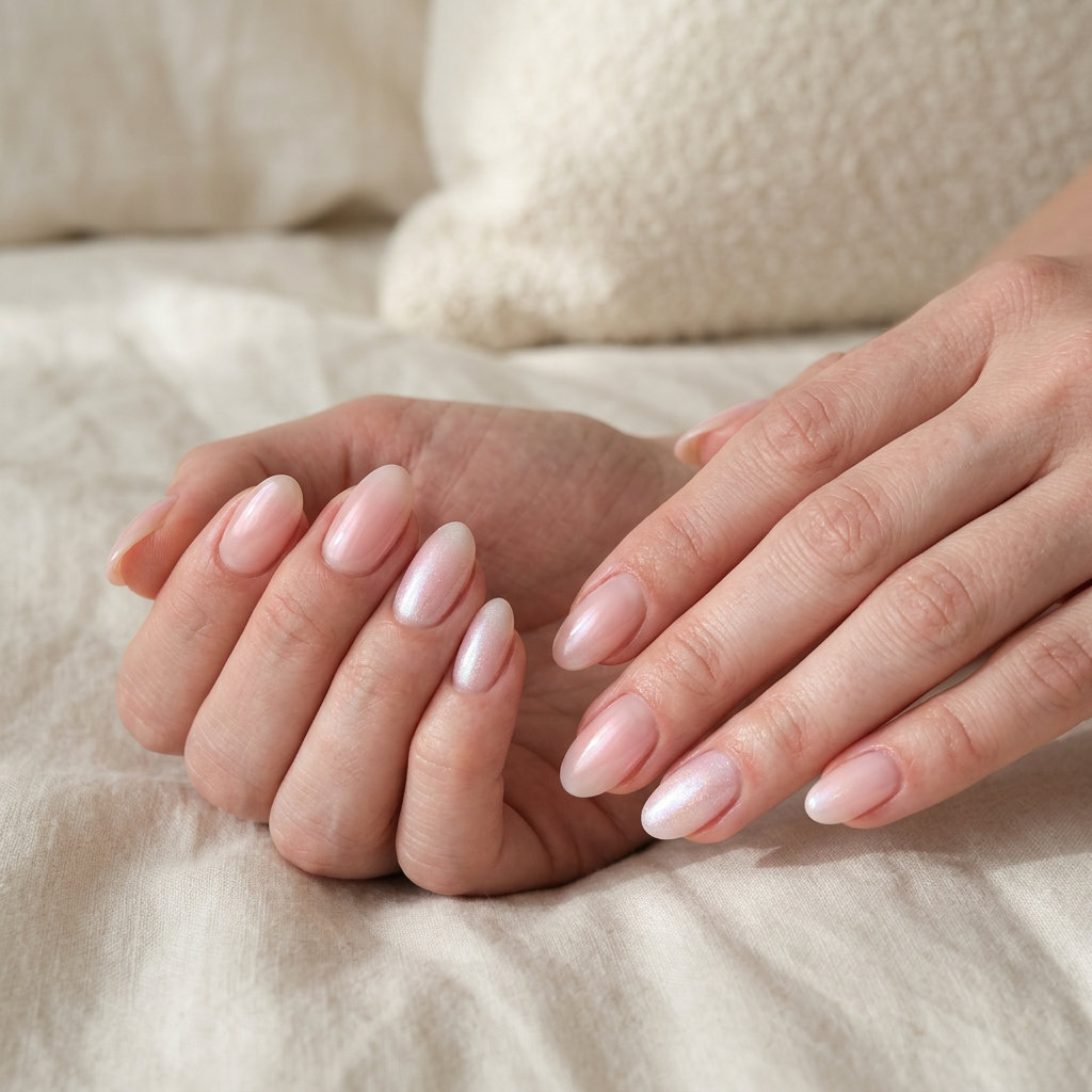 Sheer Pink Pearlescent Nails 2026 | Bridal Style Romantic sheer pink pearlescent oval nails for summer 2026, ideal for work and bridal showers.