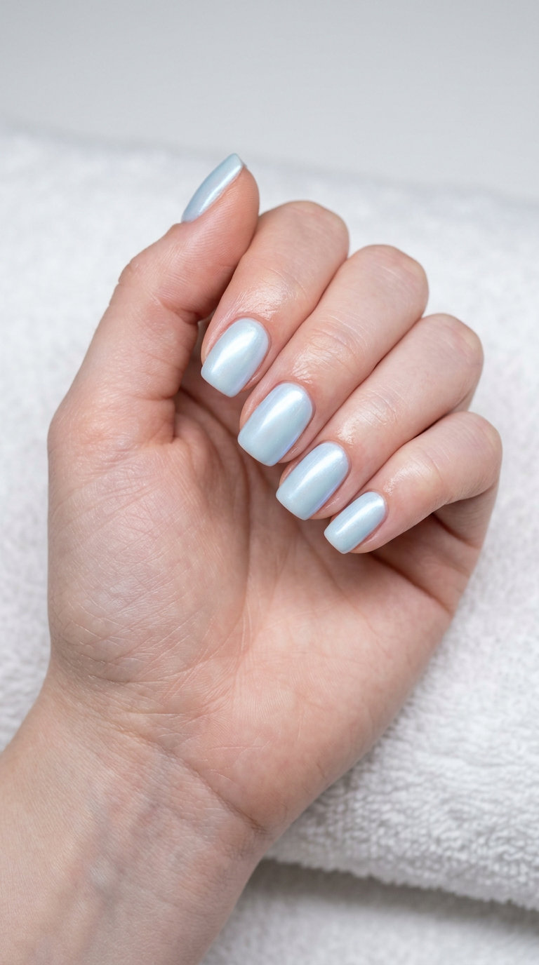 Arctic Pearl Glow Nails 2026 | Daily Wear Clean Arctic pearl glow squoval nails for summer 2026, great for daily wear and work.