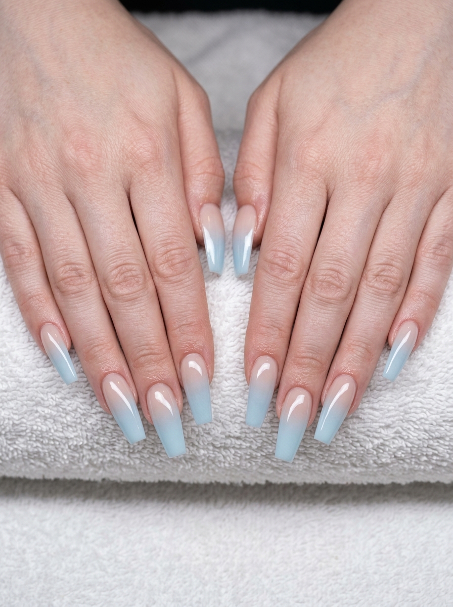 Icy Blue Gradient French Tips 2026 | Party Nails Chic icy blue gradient French tip nails for summer 2026, ideal for parties and evening summer events.