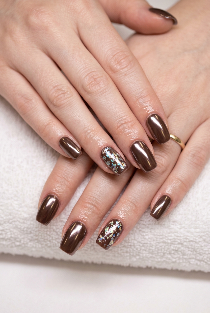 Peach Blush Chrome Accent Nails 2026 Peach blush chrome accent nails for parties, a glamorous and warm summer look for pale skin 2026.