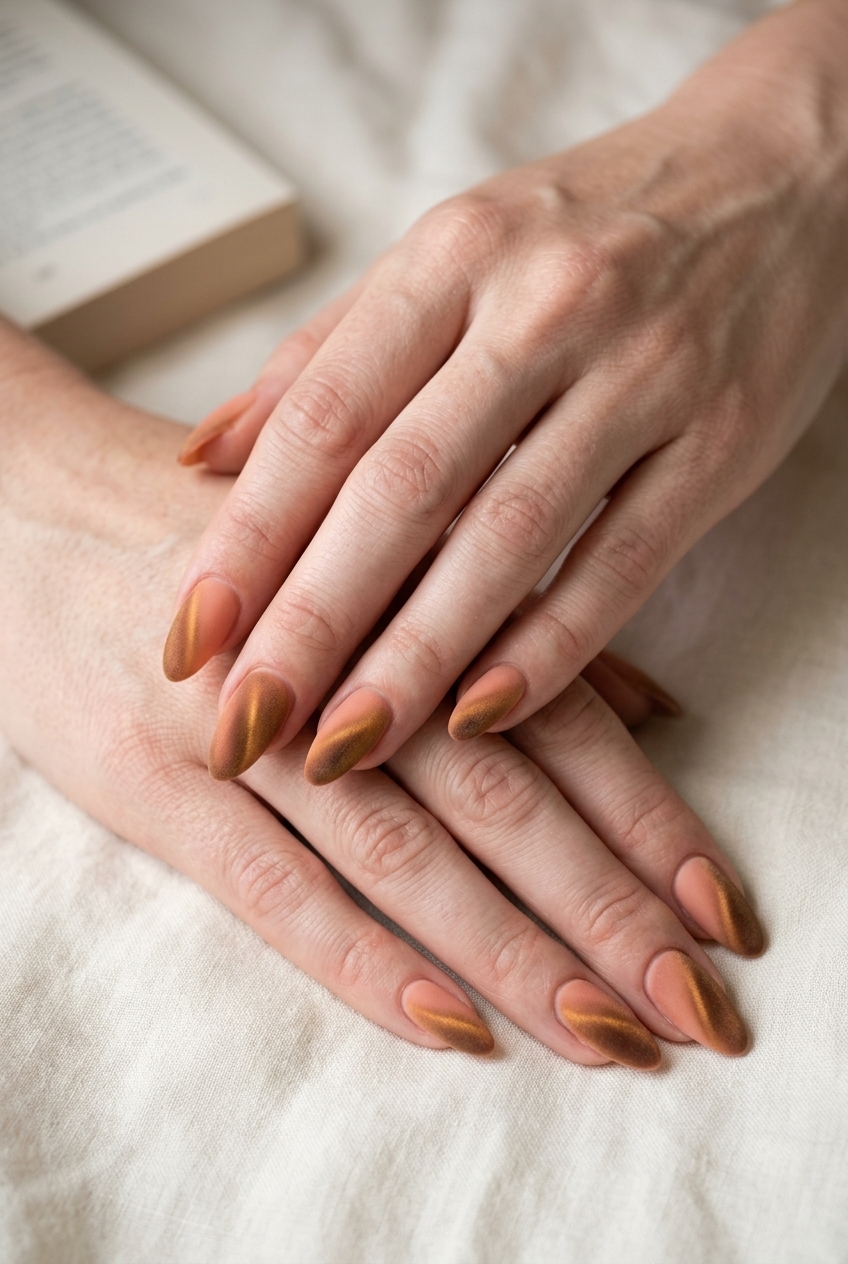 Peach Blush Velvet Cat-Eye Nails 2026 Peach blush velvet cat-eye nails for date night, a sultry and sophisticated summer look for pale skin 2026.