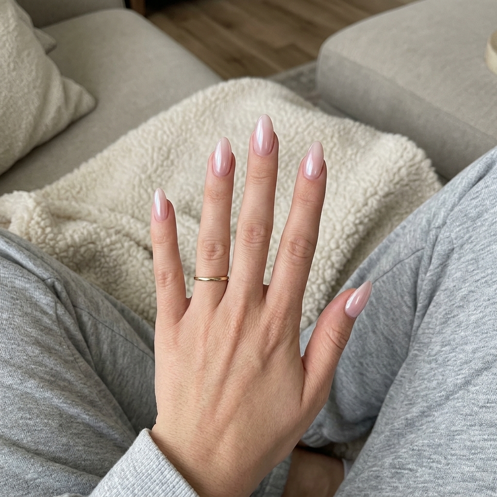 Sheer Pink Glazed Almond Nails 2026 Sheer pink glazed almond nails for date night, a glamorous and romantic summer look for pale skin 2026.