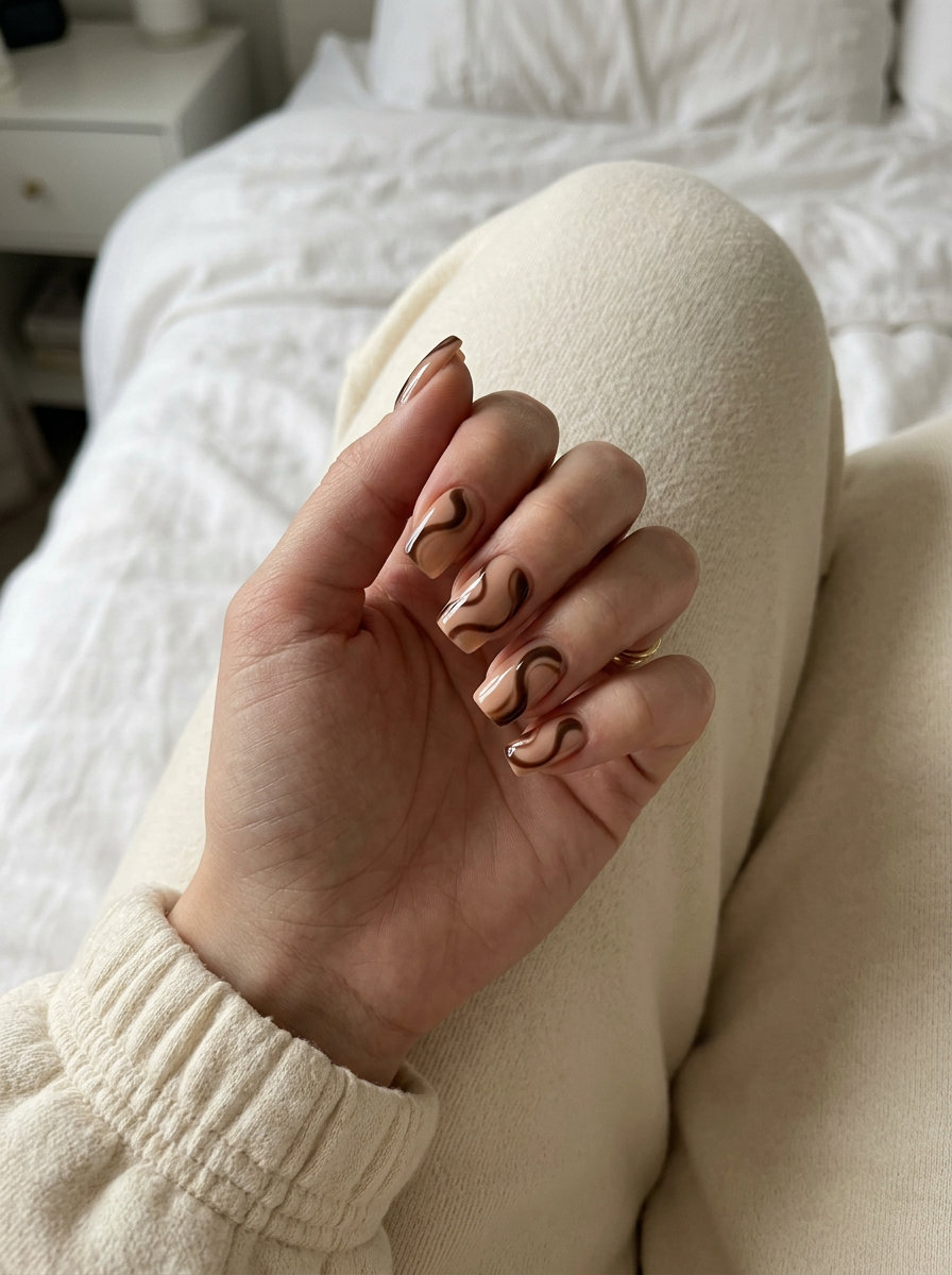 Chocolate Swirls Glossy Nude nails: nude base with dark chocolate brown abstract swirls for summer nails square medium 2026.