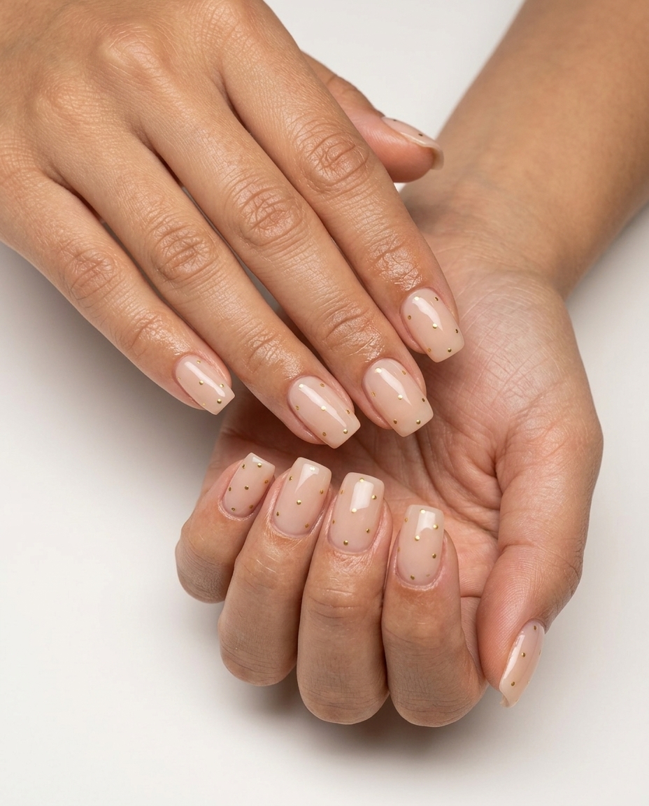 Dainty Gold Dot Square nails: sheer nude base with scattered tiny gold dots for summer nails square medium 2026.