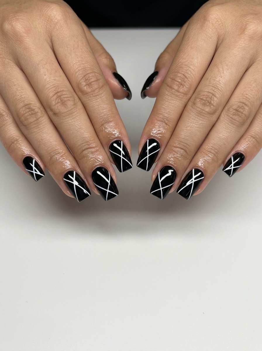 Geometric Contrast Lines Square nails: opaque black & white lines on sheer nude base for summer nails square medium 2026.