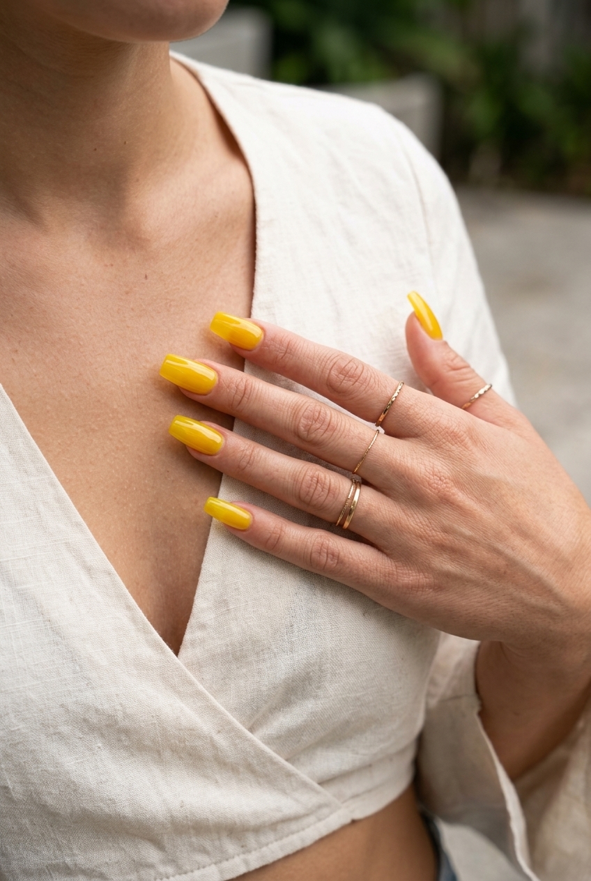 Juicy Yellow Jelly Square nails: sheer bright yellow jelly finish for summer nails square medium 2026.