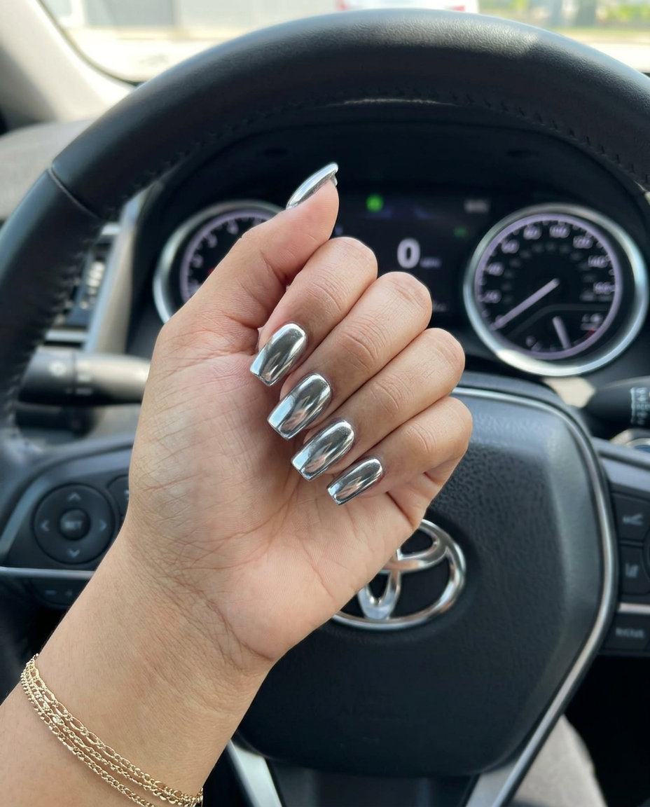 Metallic Silver Chrome Square nails: mirror finish over black base for summer nails square medium 2026.