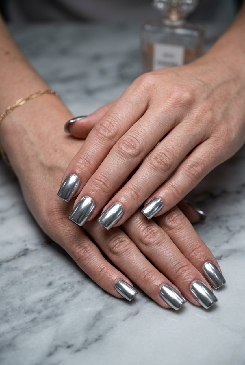 Metallic Silver Chrome Square nails: mirror finish over dark base for summer nails square medium 2026.